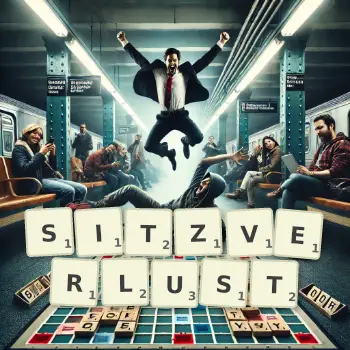 Kreative Illustration für ein Scrabble-Spiel, bei dem das Wort SITZVERLUST mit Steinen auf dem Brett gelegt wurde.