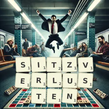 Kreative Illustration für ein Scrabble-Spiel, bei dem das Wort SITZVERLUSTEN mit Steinen auf dem Brett gelegt wurde.