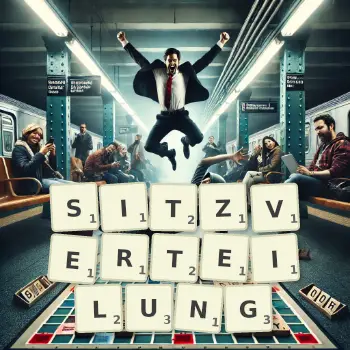 Kreative Illustration für ein Scrabble-Spiel, bei dem das Wort SITZVERTEILUNG mit Steinen auf dem Brett gelegt wurde.
