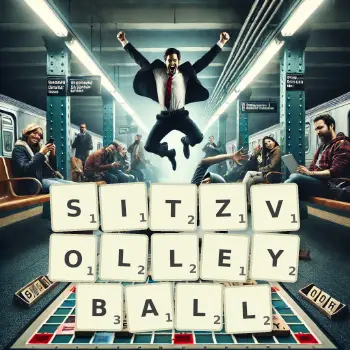 Kreative Illustration für ein Scrabble-Spiel, bei dem das Wort SITZVOLLEYBALL mit Steinen auf dem Brett gelegt wurde.
