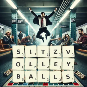 Kreative Illustration für ein Scrabble-Spiel, bei dem das Wort SITZVOLLEYBALLS mit Steinen auf dem Brett gelegt wurde.
