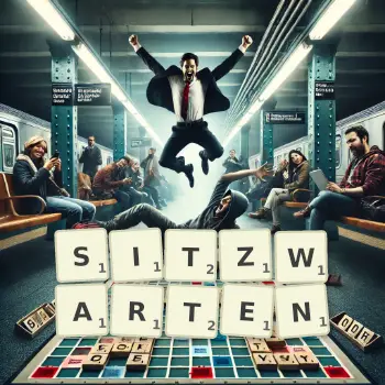 Kreative Illustration für ein Scrabble-Spiel, bei dem das Wort SITZWARTEN mit Steinen auf dem Brett gelegt wurde.