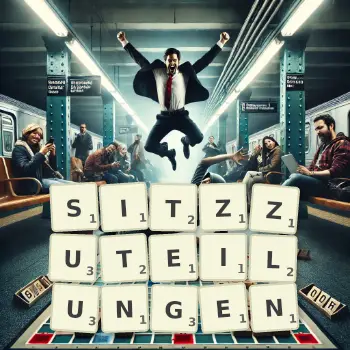 Kreative Illustration für ein Scrabble-Spiel, bei dem das Wort SITZZUTEILUNGEN mit Steinen auf dem Brett gelegt wurde.