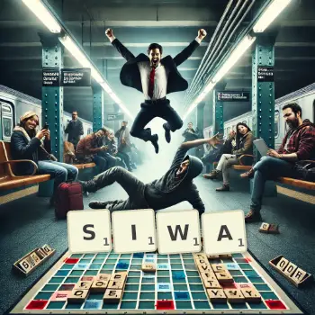 Kreative Illustration für ein Scrabble-Spiel, bei dem das Wort SIWA mit Steinen auf dem Brett gelegt wurde.