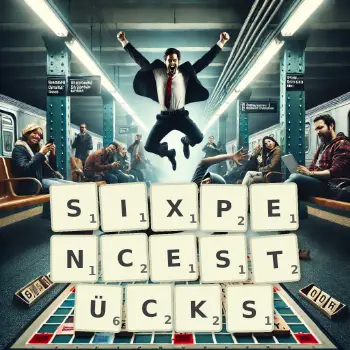 Kreative Illustration für ein Scrabble-Spiel, bei dem das Wort SIXPENCESTÜCKS mit Steinen auf dem Brett gelegt wurde.