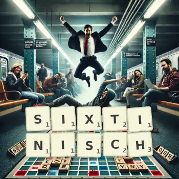 Kreative Illustration für ein Scrabble-Spiel, bei dem das Wort SIXTINISCH mit Steinen auf dem Brett gelegt wurde.