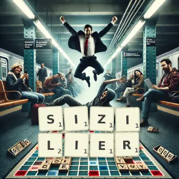 Kreative Illustration für ein Scrabble-Spiel, bei dem das Wort SIZILIER mit Steinen auf dem Brett gelegt wurde.