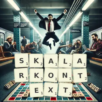 Kreative Illustration für ein Scrabble-Spiel, bei dem das Wort SKALARKONTEXT mit Steinen auf dem Brett gelegt wurde.