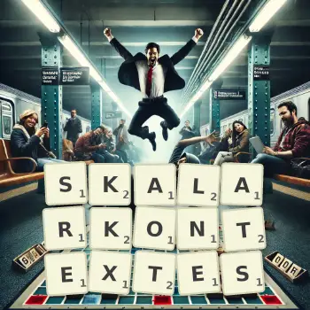 Kreative Illustration für ein Scrabble-Spiel, bei dem das Wort SKALARKONTEXTES mit Steinen auf dem Brett gelegt wurde.