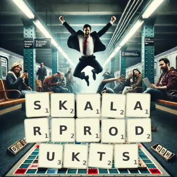 Kreative Illustration für ein Scrabble-Spiel, bei dem das Wort SKALARPRODUKTS mit Steinen auf dem Brett gelegt wurde.