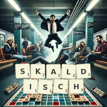 Kreative Illustration für ein Scrabble-Spiel, bei dem das Wort SKALDISCH mit Steinen auf dem Brett gelegt wurde.