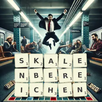 Kreative Illustration für ein Scrabble-Spiel, bei dem das Wort SKALENBEREICHEN mit Steinen auf dem Brett gelegt wurde.