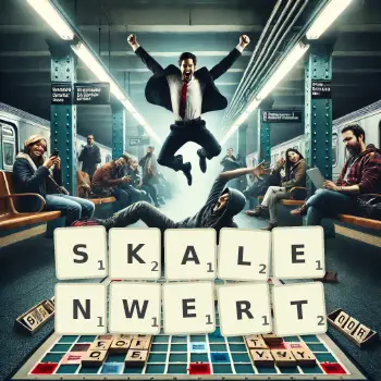 Kreative Illustration für ein Scrabble-Spiel, bei dem das Wort SKALENWERT mit Steinen auf dem Brett gelegt wurde.