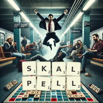 Kreative Illustration für ein Scrabble-Spiel, bei dem das Wort SKALPELL mit Steinen auf dem Brett gelegt wurde.