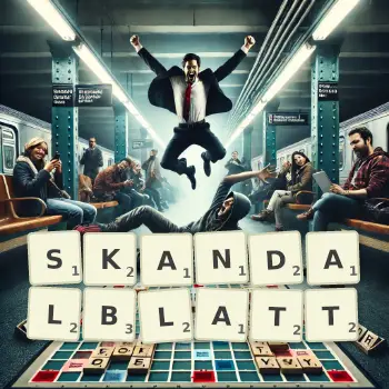 Kreative Illustration für ein Scrabble-Spiel, bei dem das Wort SKANDALBLATT mit Steinen auf dem Brett gelegt wurde.