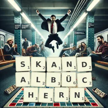 Kreative Illustration für ein Scrabble-Spiel, bei dem das Wort SKANDALBÜCHERN mit Steinen auf dem Brett gelegt wurde.