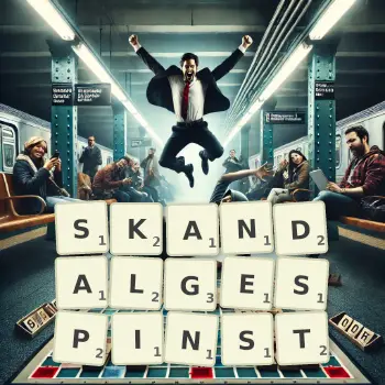 Kreative Illustration für ein Scrabble-Spiel, bei dem das Wort SKANDALGESPINST mit Steinen auf dem Brett gelegt wurde.