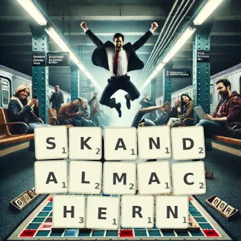 Kreative Illustration für ein Scrabble-Spiel, bei dem das Wort SKANDALMACHERN mit Steinen auf dem Brett gelegt wurde.