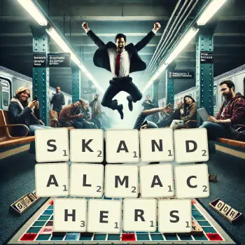 Kreative Illustration für ein Scrabble-Spiel, bei dem das Wort SKANDALMACHERS mit Steinen auf dem Brett gelegt wurde.