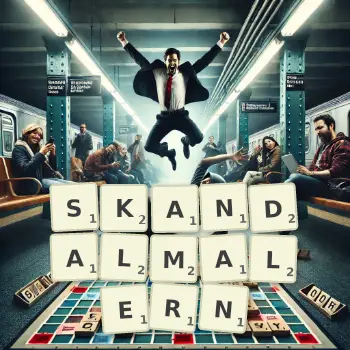 Kreative Illustration für ein Scrabble-Spiel, bei dem das Wort SKANDALMALERN mit Steinen auf dem Brett gelegt wurde.