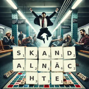 Kreative Illustration für ein Scrabble-Spiel, bei dem das Wort SKANDALNÄCHTE mit Steinen auf dem Brett gelegt wurde.