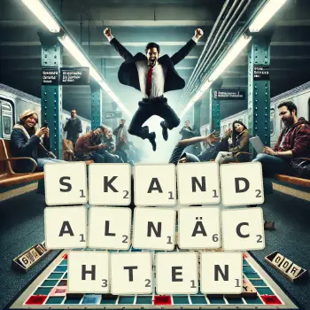 Kreative Illustration für ein Scrabble-Spiel, bei dem das Wort SKANDALNÄCHTEN mit Steinen auf dem Brett gelegt wurde.