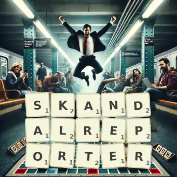 Kreative Illustration für ein Scrabble-Spiel, bei dem das Wort SKANDALREPORTER mit Steinen auf dem Brett gelegt wurde.