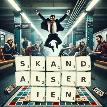 Kreative Illustration für ein Scrabble-Spiel, bei dem das Wort SKANDALSERIEN mit Steinen auf dem Brett gelegt wurde.