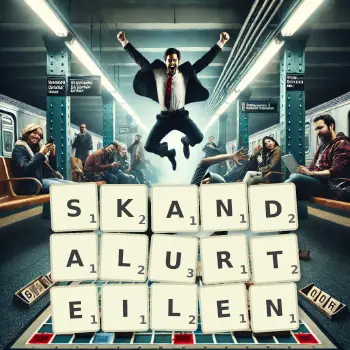 Kreative Illustration für ein Scrabble-Spiel, bei dem das Wort SKANDALURTEILEN mit Steinen auf dem Brett gelegt wurde.