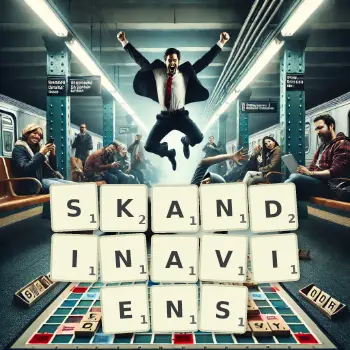 Kreative Illustration für ein Scrabble-Spiel, bei dem das Wort SKANDINAVIENS mit Steinen auf dem Brett gelegt wurde.