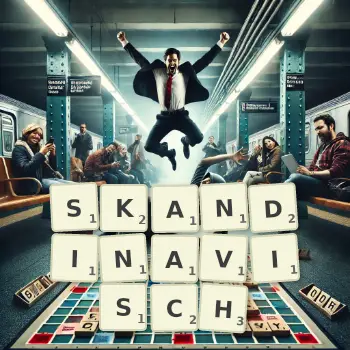 Kreative Illustration für ein Scrabble-Spiel, bei dem das Wort SKANDINAVISCH mit Steinen auf dem Brett gelegt wurde.