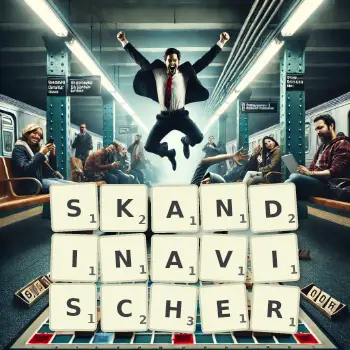 Kreative Illustration für ein Scrabble-Spiel, bei dem das Wort SKANDINAVISCHER mit Steinen auf dem Brett gelegt wurde.