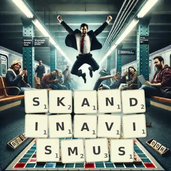 Kreative Illustration für ein Scrabble-Spiel, bei dem das Wort SKANDINAVISMUS mit Steinen auf dem Brett gelegt wurde.