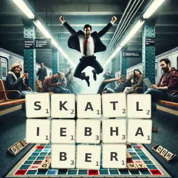 Kreative Illustration für ein Scrabble-Spiel, bei dem das Wort SKATLIEBHABER mit Steinen auf dem Brett gelegt wurde.