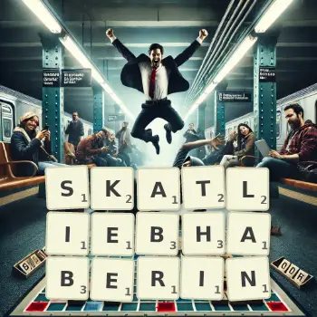 Kreative Illustration für ein Scrabble-Spiel, bei dem das Wort SKATLIEBHABERIN mit Steinen auf dem Brett gelegt wurde.
