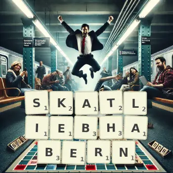 Kreative Illustration für ein Scrabble-Spiel, bei dem das Wort SKATLIEBHABERN mit Steinen auf dem Brett gelegt wurde.