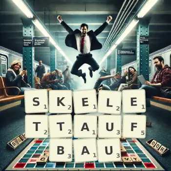 Kreative Illustration für ein Scrabble-Spiel, bei dem das Wort SKELETTAUFBAU mit Steinen auf dem Brett gelegt wurde.