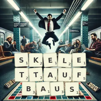 Kreative Illustration für ein Scrabble-Spiel, bei dem das Wort SKELETTAUFBAUS mit Steinen auf dem Brett gelegt wurde.
