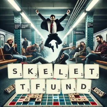 Kreative Illustration für ein Scrabble-Spiel, bei dem das Wort SKELETTFUND mit Steinen auf dem Brett gelegt wurde.