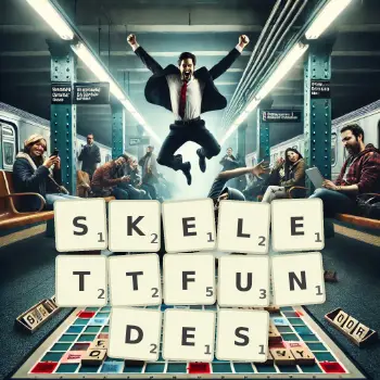 Kreative Illustration für ein Scrabble-Spiel, bei dem das Wort SKELETTFUNDES mit Steinen auf dem Brett gelegt wurde.