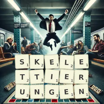 Kreative Illustration für ein Scrabble-Spiel, bei dem das Wort SKELETTIERUNGEN mit Steinen auf dem Brett gelegt wurde.