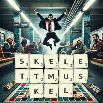 Kreative Illustration für ein Scrabble-Spiel, bei dem das Wort SKELETTMUSKEL mit Steinen auf dem Brett gelegt wurde.