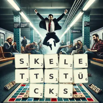 Kreative Illustration für ein Scrabble-Spiel, bei dem das Wort SKELETTSTÜCKS mit Steinen auf dem Brett gelegt wurde.