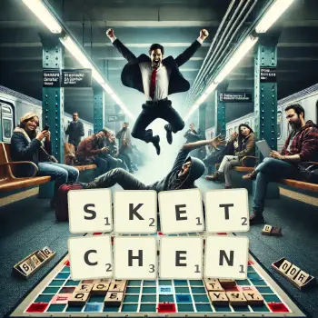 Kreative Illustration für ein Scrabble-Spiel, bei dem das Wort SKETCHEN mit Steinen auf dem Brett gelegt wurde.