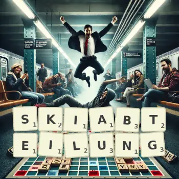 Kreative Illustration für ein Scrabble-Spiel, bei dem das Wort SKIABTEILUNG mit Steinen auf dem Brett gelegt wurde.