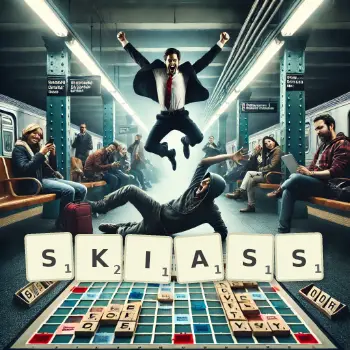 Kreative Illustration für ein Scrabble-Spiel, bei dem das Wort SKIASS mit Steinen auf dem Brett gelegt wurde.