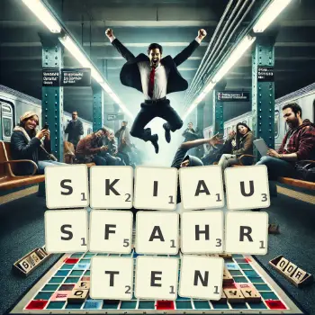 Kreative Illustration für ein Scrabble-Spiel, bei dem das Wort SKIAUSFAHRTEN mit Steinen auf dem Brett gelegt wurde.