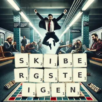 Kreative Illustration für ein Scrabble-Spiel, bei dem das Wort SKIBERGSTEIGEN mit Steinen auf dem Brett gelegt wurde.