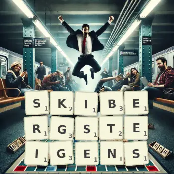 Kreative Illustration für ein Scrabble-Spiel, bei dem das Wort SKIBERGSTEIGENS mit Steinen auf dem Brett gelegt wurde.