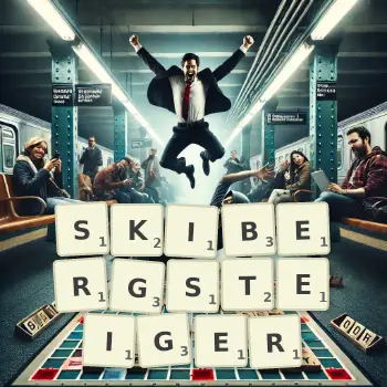 Kreative Illustration für ein Scrabble-Spiel, bei dem das Wort SKIBERGSTEIGER mit Steinen auf dem Brett gelegt wurde.